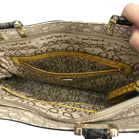 Guess Rhonda Croc Tote Bag Laptop Work Bag Ivory Gray And Mustard - Picture 8 of 10